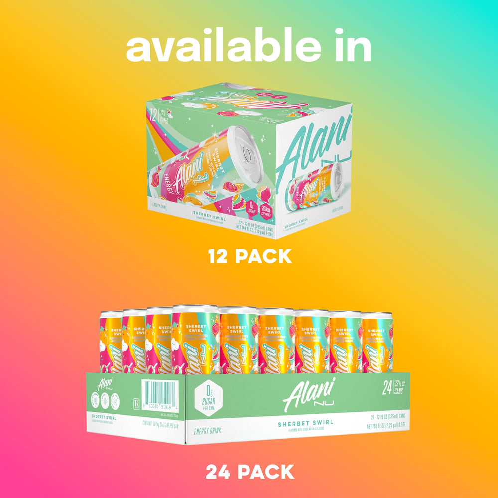 Alani Nu Sherbet Swirls cans on desk capture convenient daytime fuel for focus