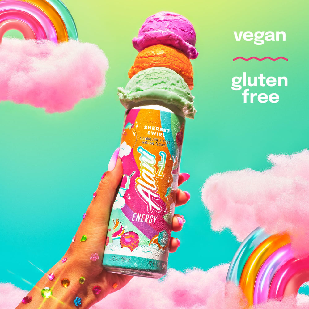 Alani Nu Sherbet Swirls ingredients banner highlights ginseng and B vitamins