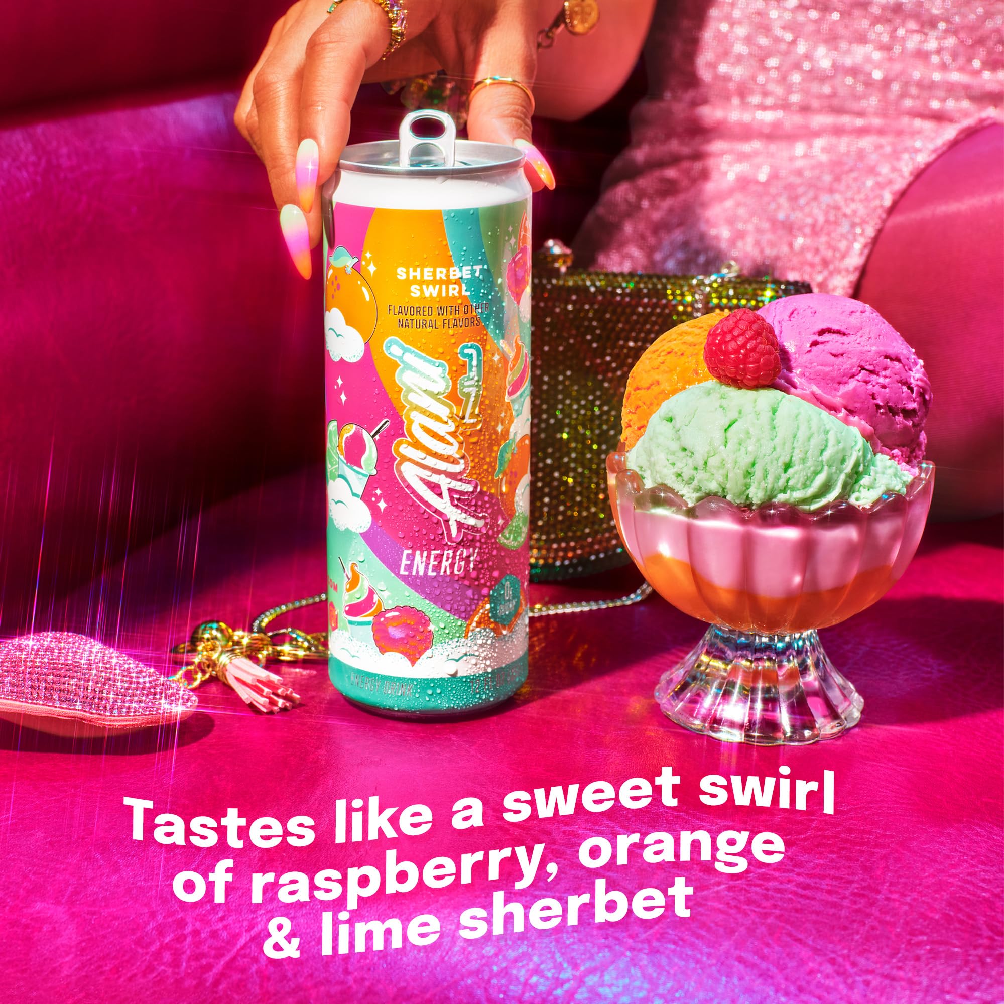 Alani Nu Sherbet Swirls pack shot emphasizes zero sugar and low calories per can