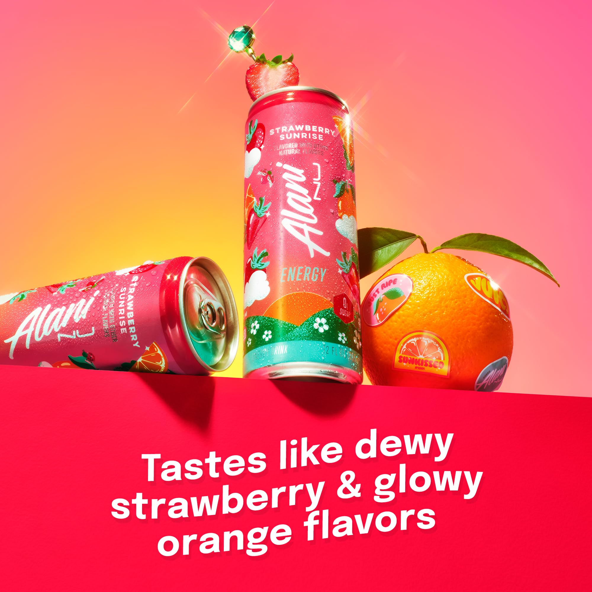 Pouring Alani Nu Strawberry Sunrise over ice reveals bright strawberry flavor and energy.