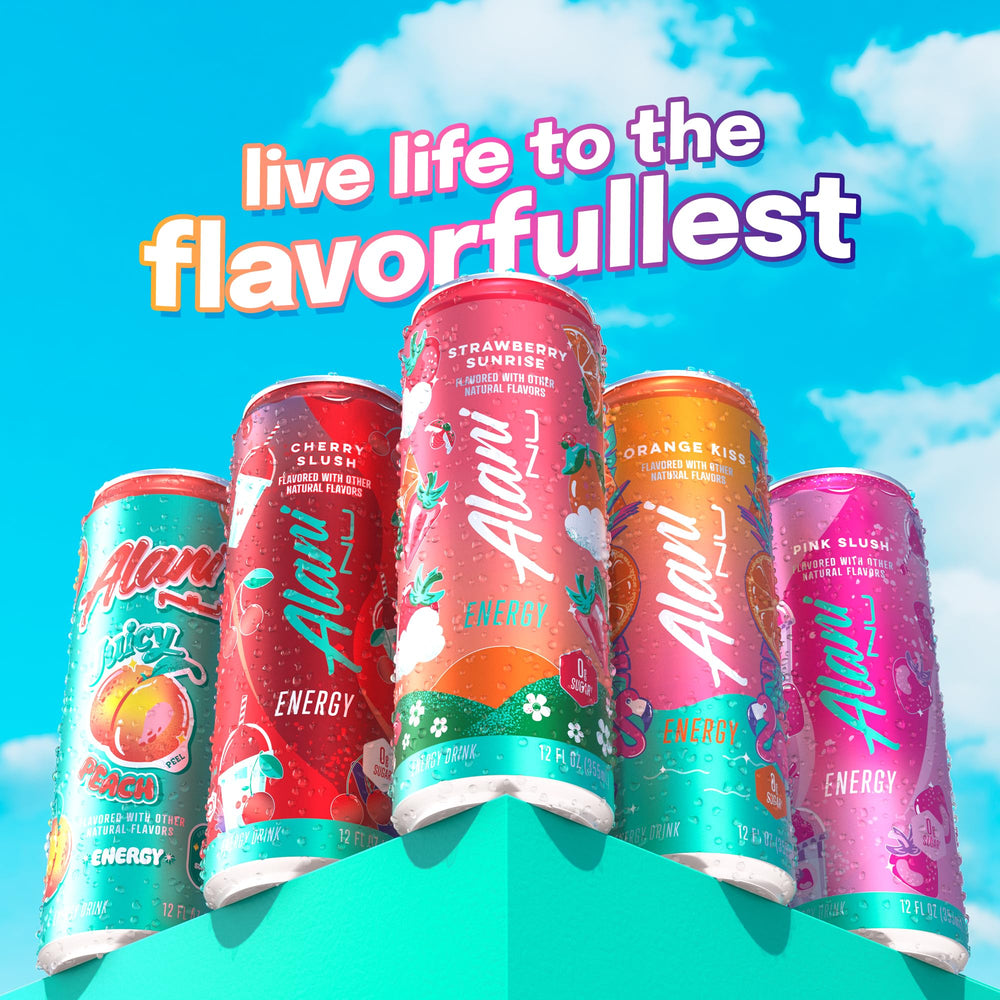 Flavor profile card beside can showcasing nostalgic strawberry sunrise notes.