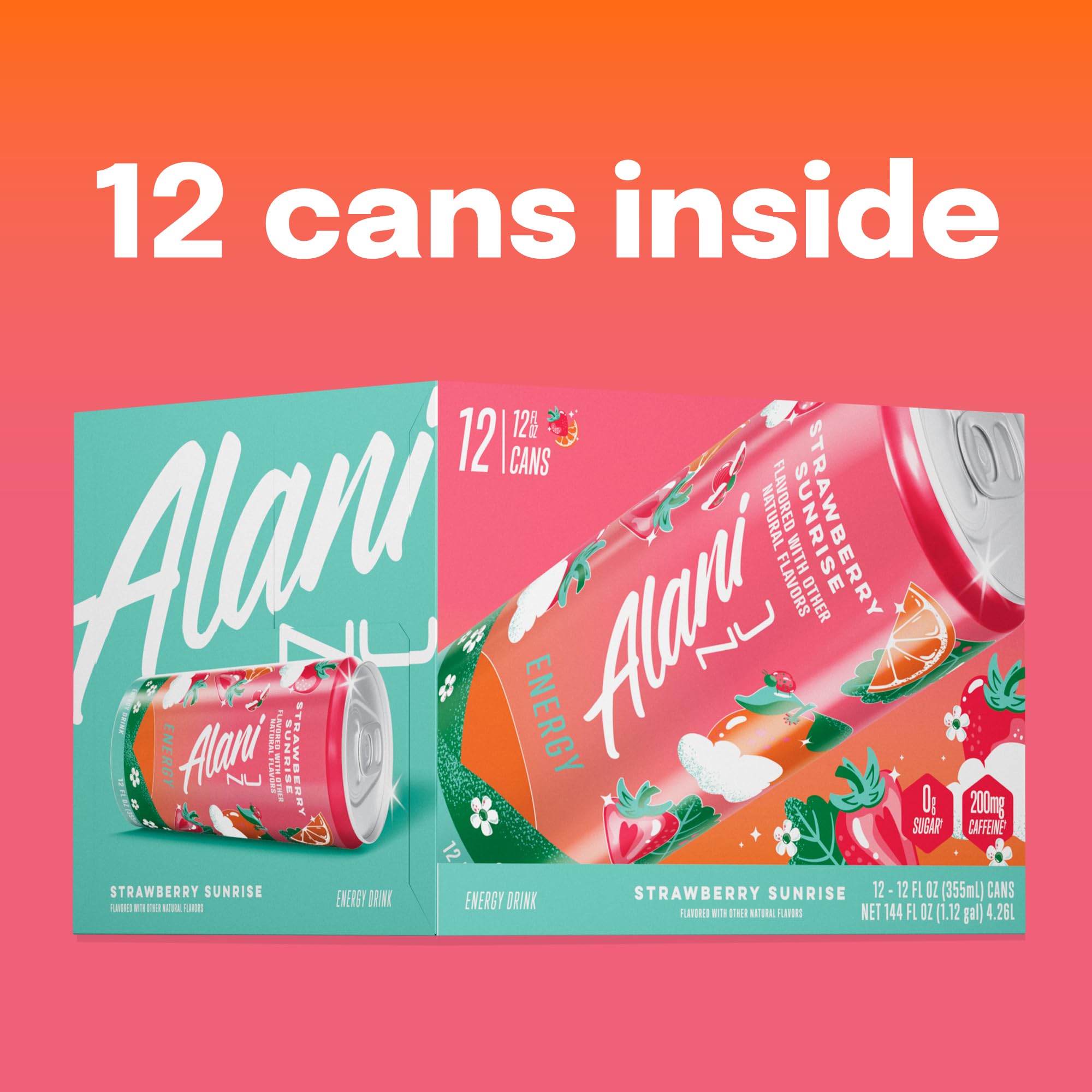 Stacked 12-pack of Alani Nu Strawberry Sunrise, a convenient daily energy option.