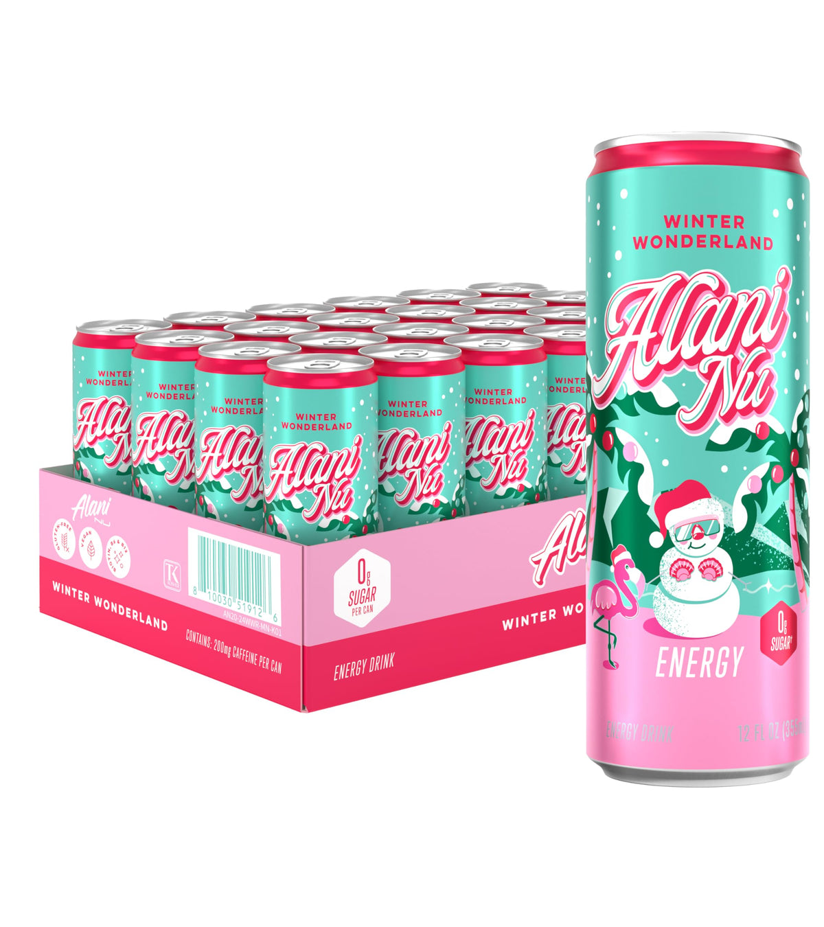 Alani Nu Winter Wonderland can front view, zero sugar energy with 200 mg caffeine.