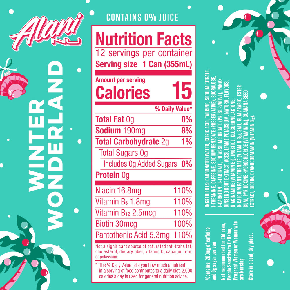 Alani Nu Winter Wonderland can side view, 200 mg caffeine for focused energy.
