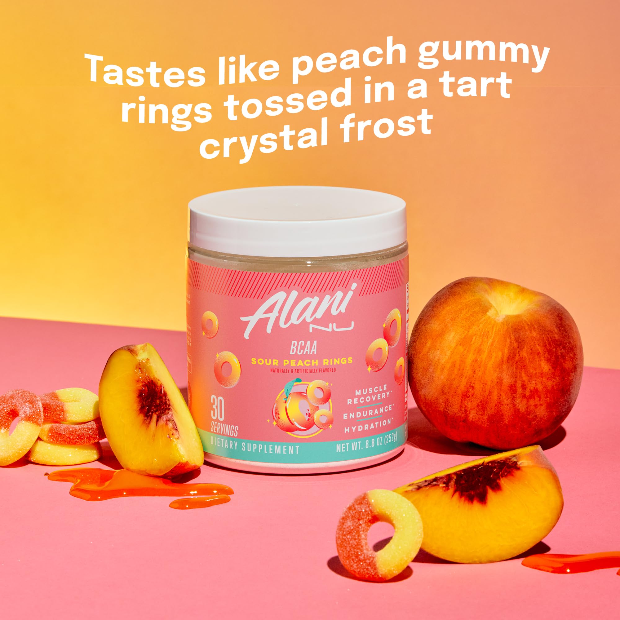 Alani Nu BCAA Sour Peach Ring dissolves in water for hydration.