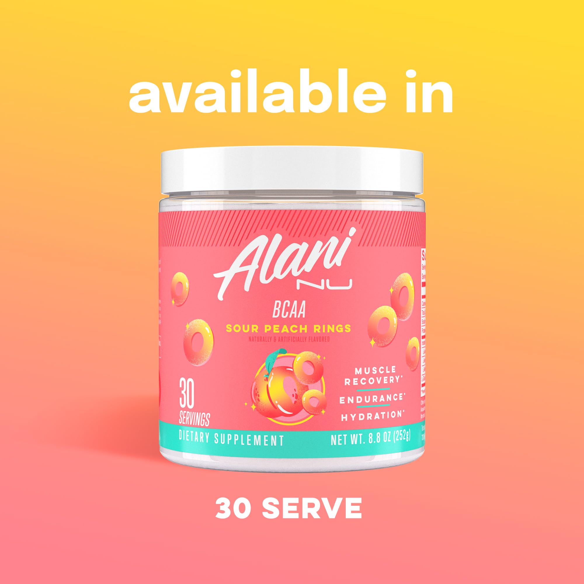 Alani Nu BCAA Sour Peach Ring label close-up highlighting ingredients.