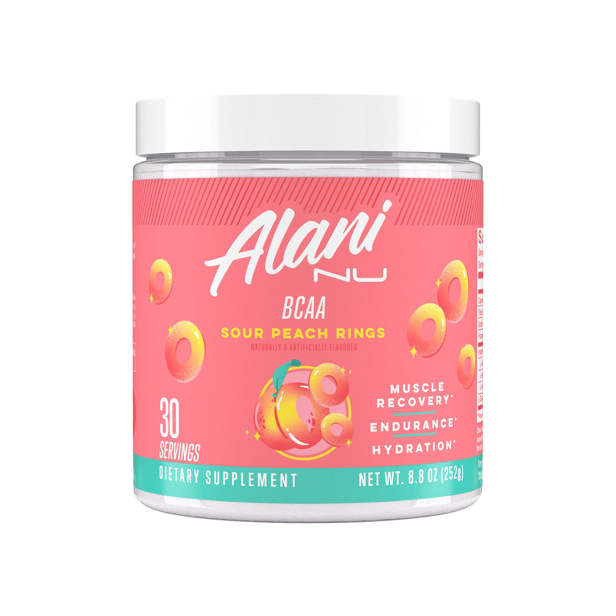 Alani Nu BCAA Sour Peach Ring tub front view for post-workout recovery.