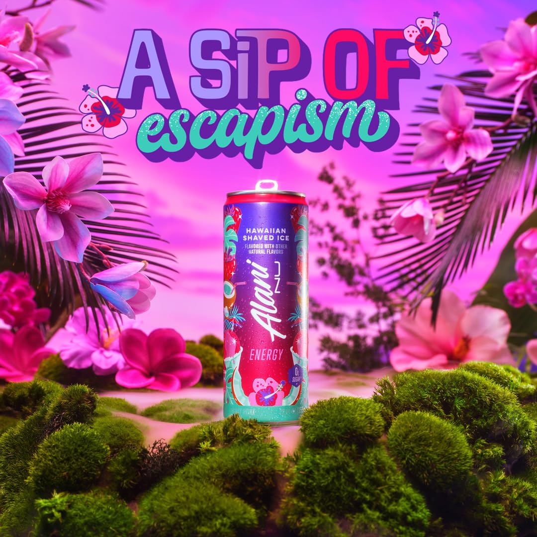 Chilled Alani Nu Hawaiian Shaved Ice can with ice for on-the-go energy.