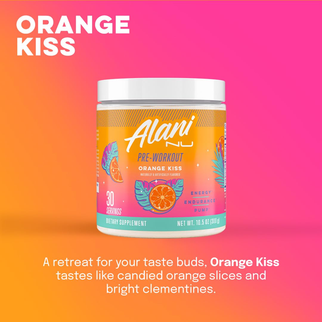 Alani Nu Orange Kiss dissolved in water for steady energy during workouts.