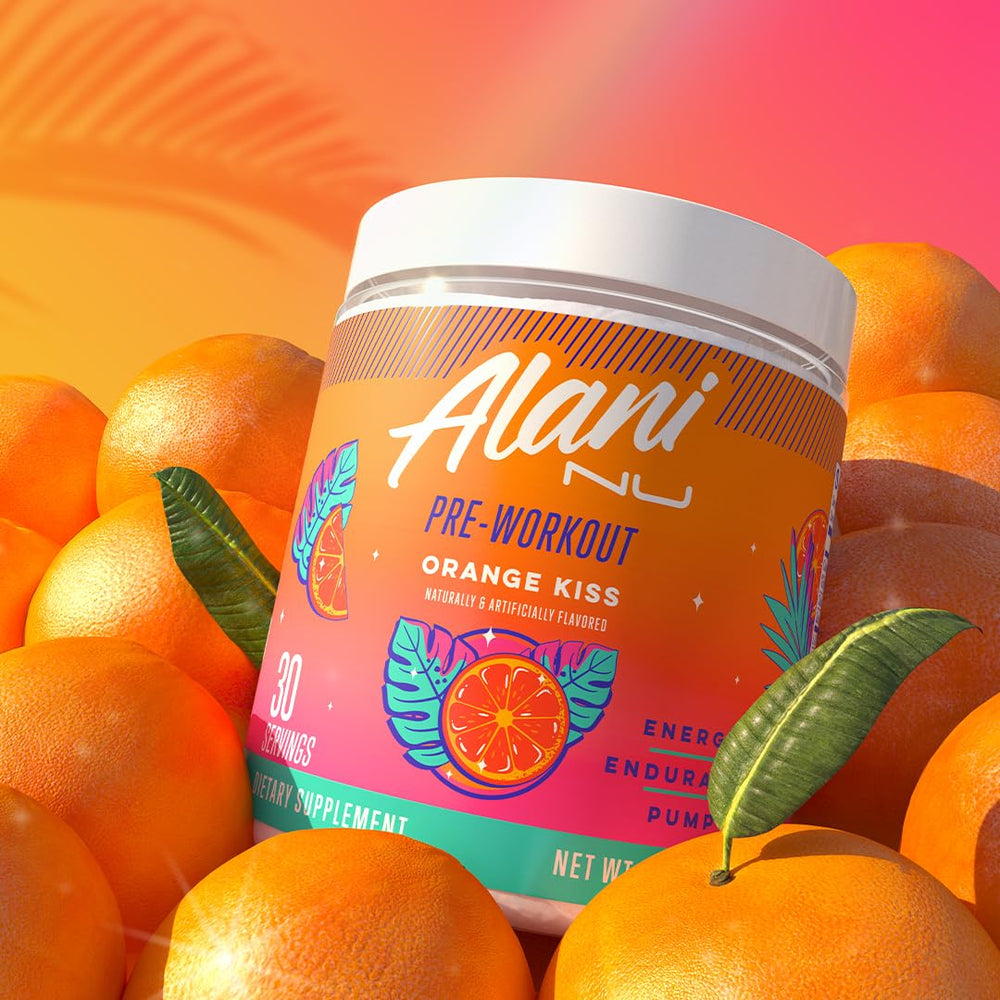 Alani Nu Orange Kiss glass with ice illustrating a refreshing workout option.