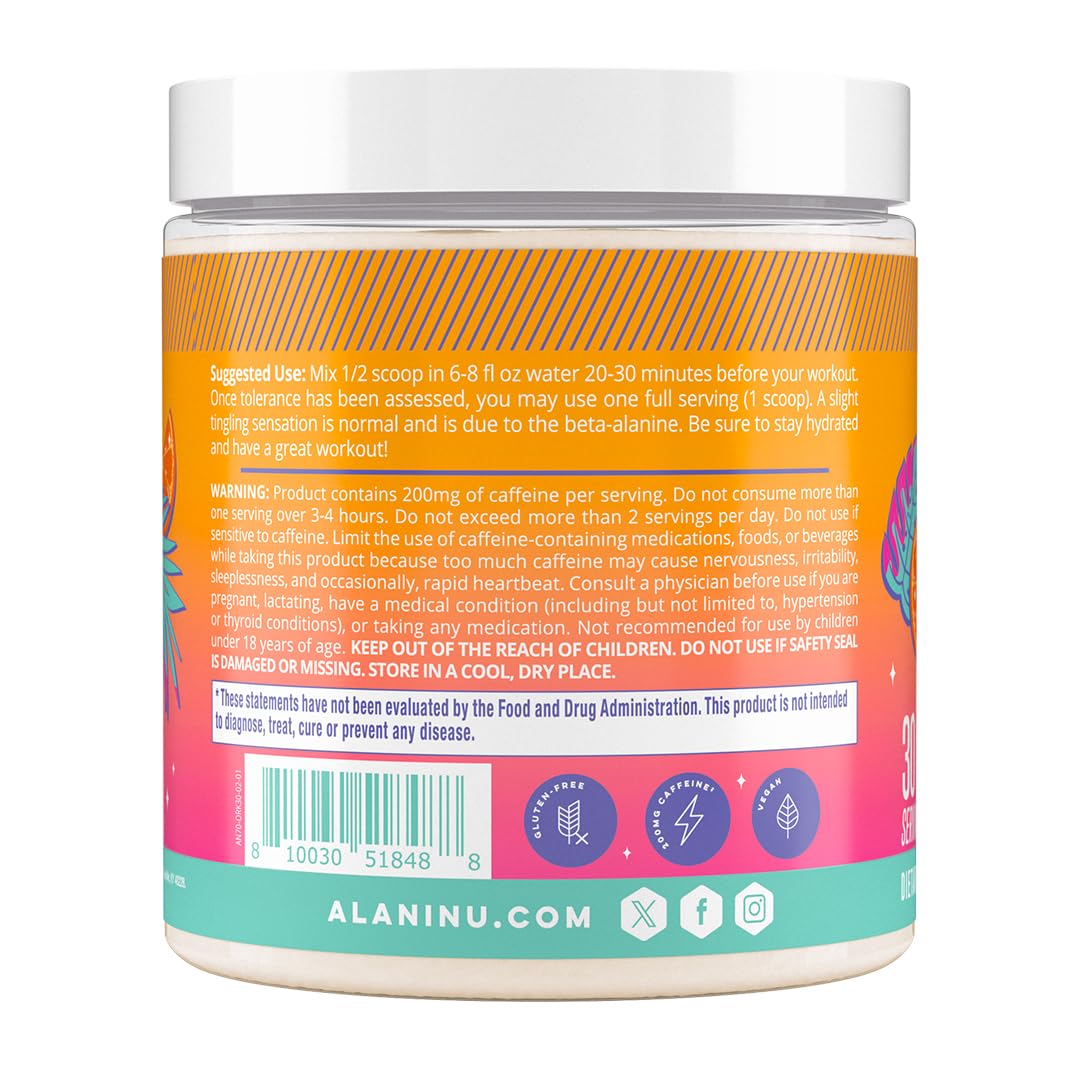 Alani Nu Orange Kiss packaging emphasizing caffeine content and sugar-free formula.