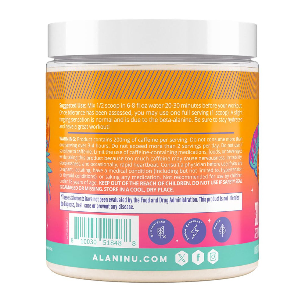 Alani Nu Orange Kiss packaging emphasizing caffeine content and sugar-free formula.