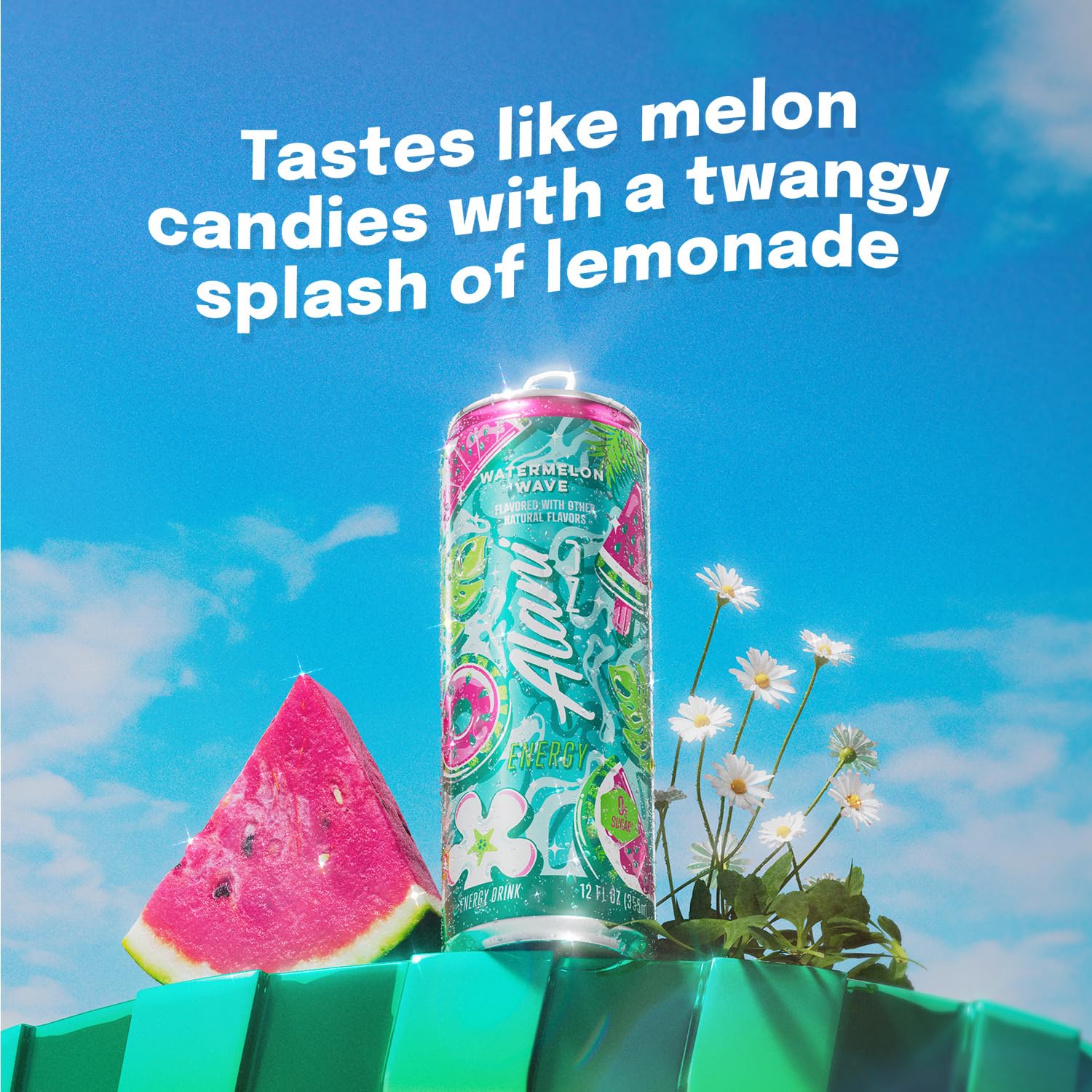Alani Nu Watermelon Wave can back panel emphasizes 12-pack convenience for on-the-go energy.