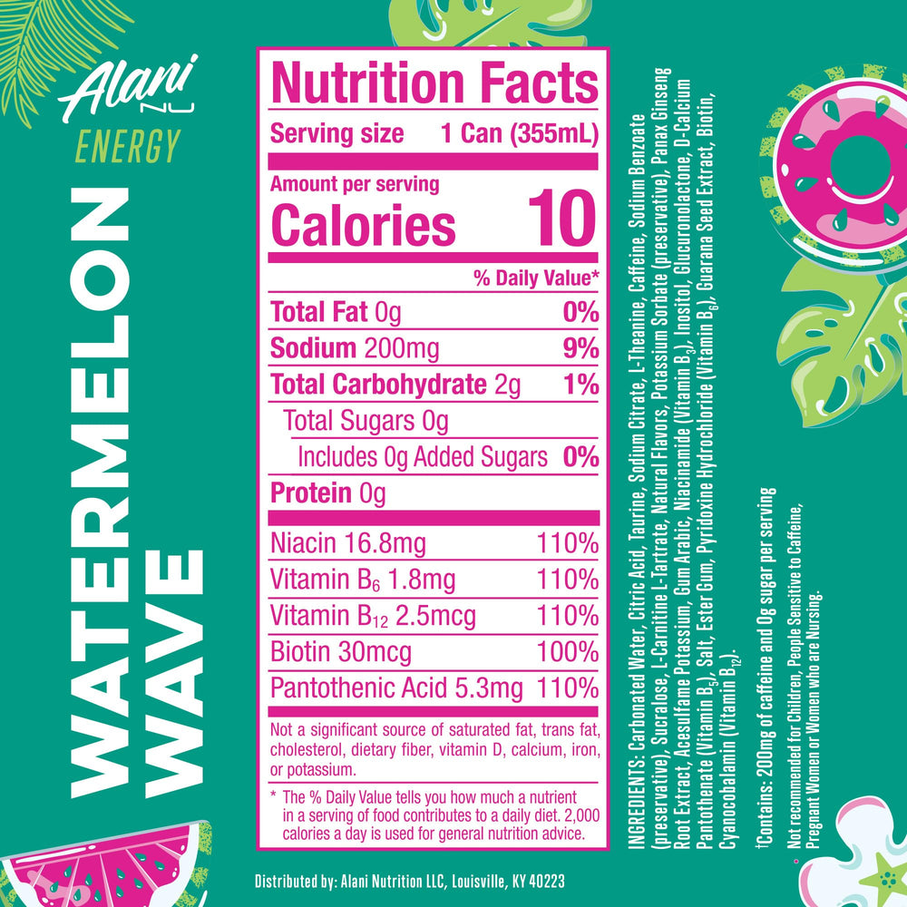 Alani Nu Watermelon Wave can side label highlights caffeine and zero sugar benefits for users.