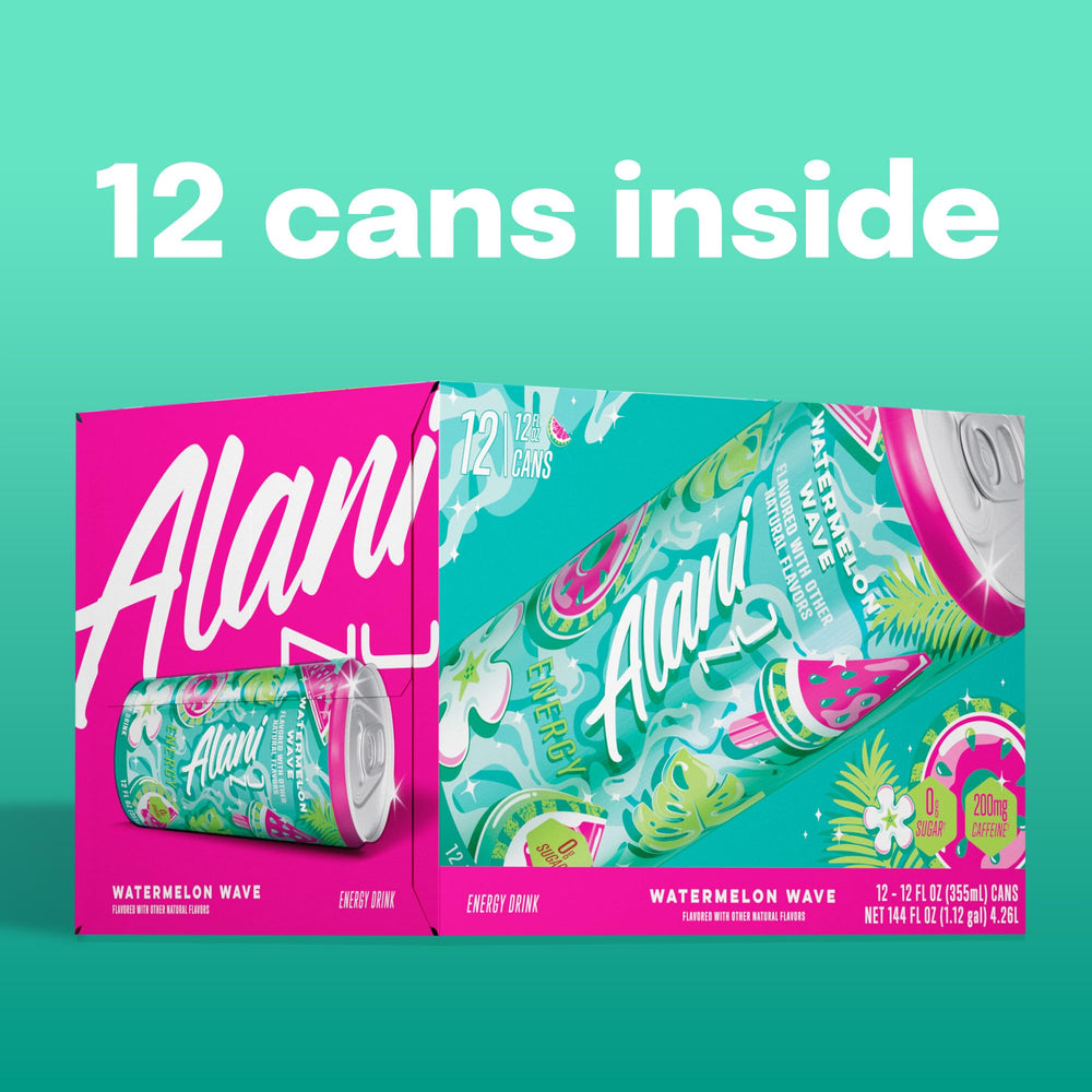 Alani Nu Watermelon Wave nutrition panel illustrates 200mg caffeine and Biotin for vitality.