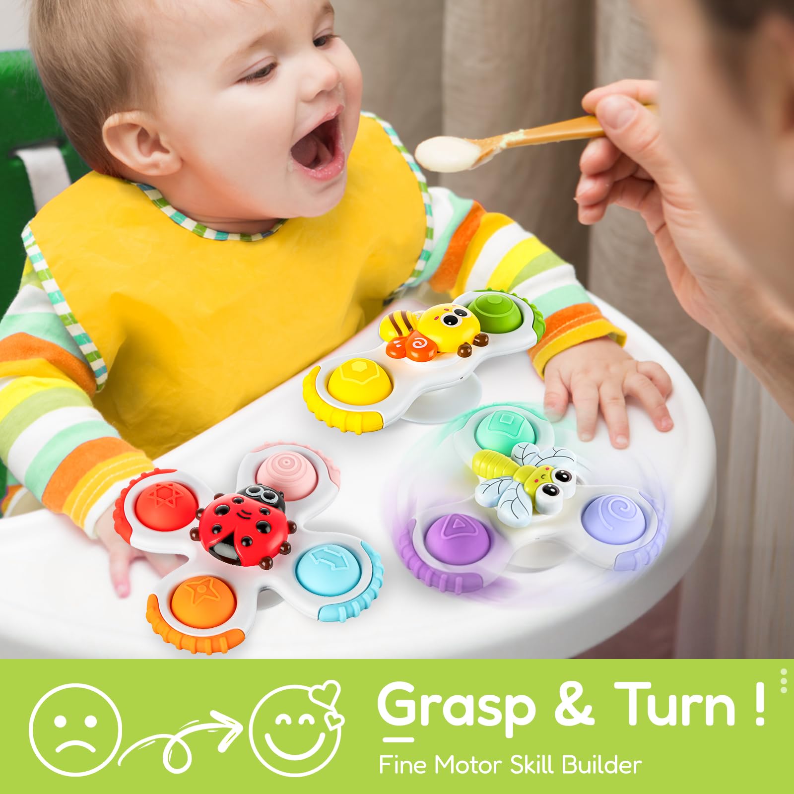 Young child spins the ALASOU spinner with focused attention