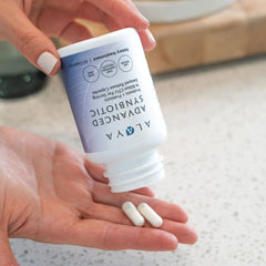 Bottle and capsules of Alaya Naturals Advanced Synbiotic for daily use.