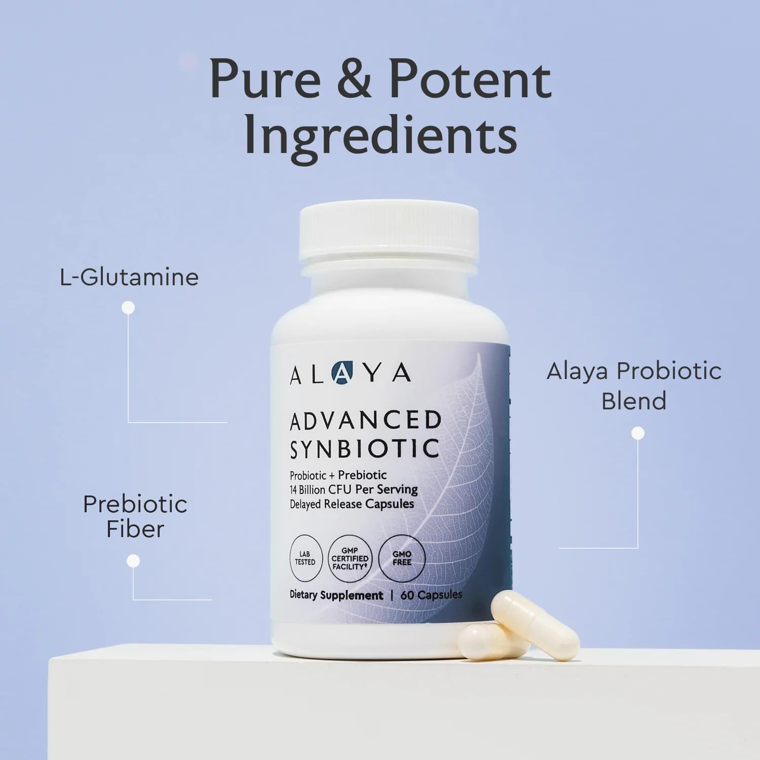 Alaya Naturals Advanced Synbiotic capsules close-up showing delayed-release design.