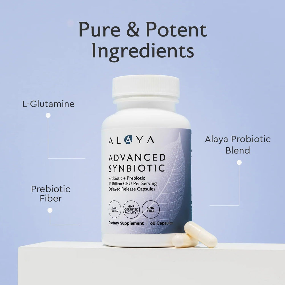 Alaya Naturals Advanced Synbiotic capsules close-up showing delayed-release design.