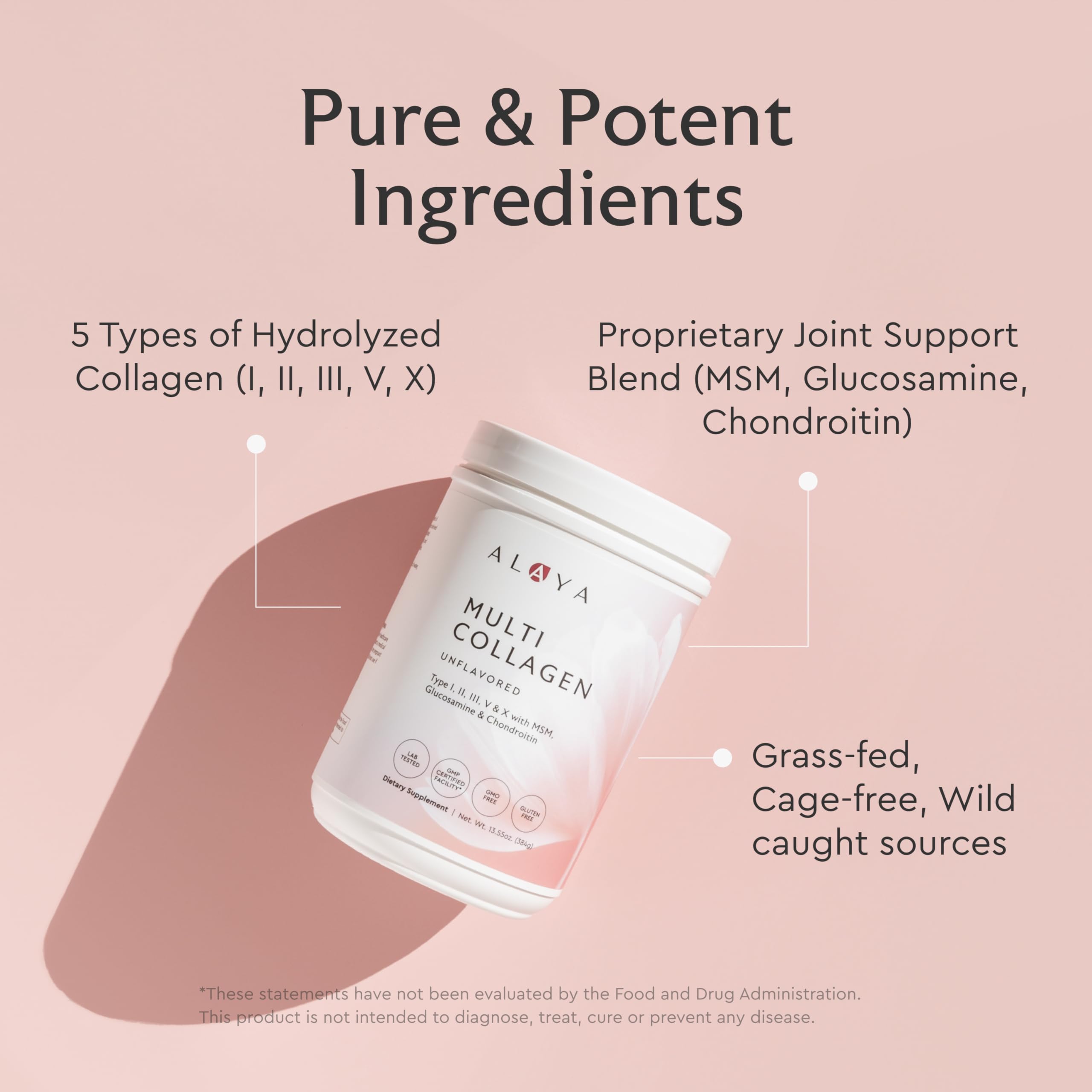 Alaya Naturals collagen blend bottle featuring MSM, glucosamine and chondroitin for added support.