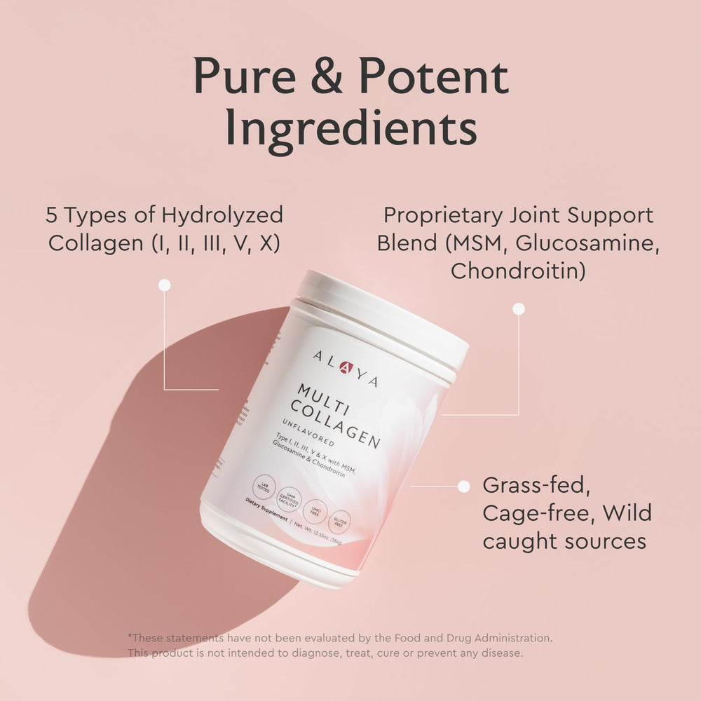 Alaya Naturals collagen blend bottle featuring MSM, glucosamine and chondroitin for added support.