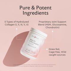 Alaya Naturals collagen blend bottle featuring MSM, glucosamine and chondroitin for added support.