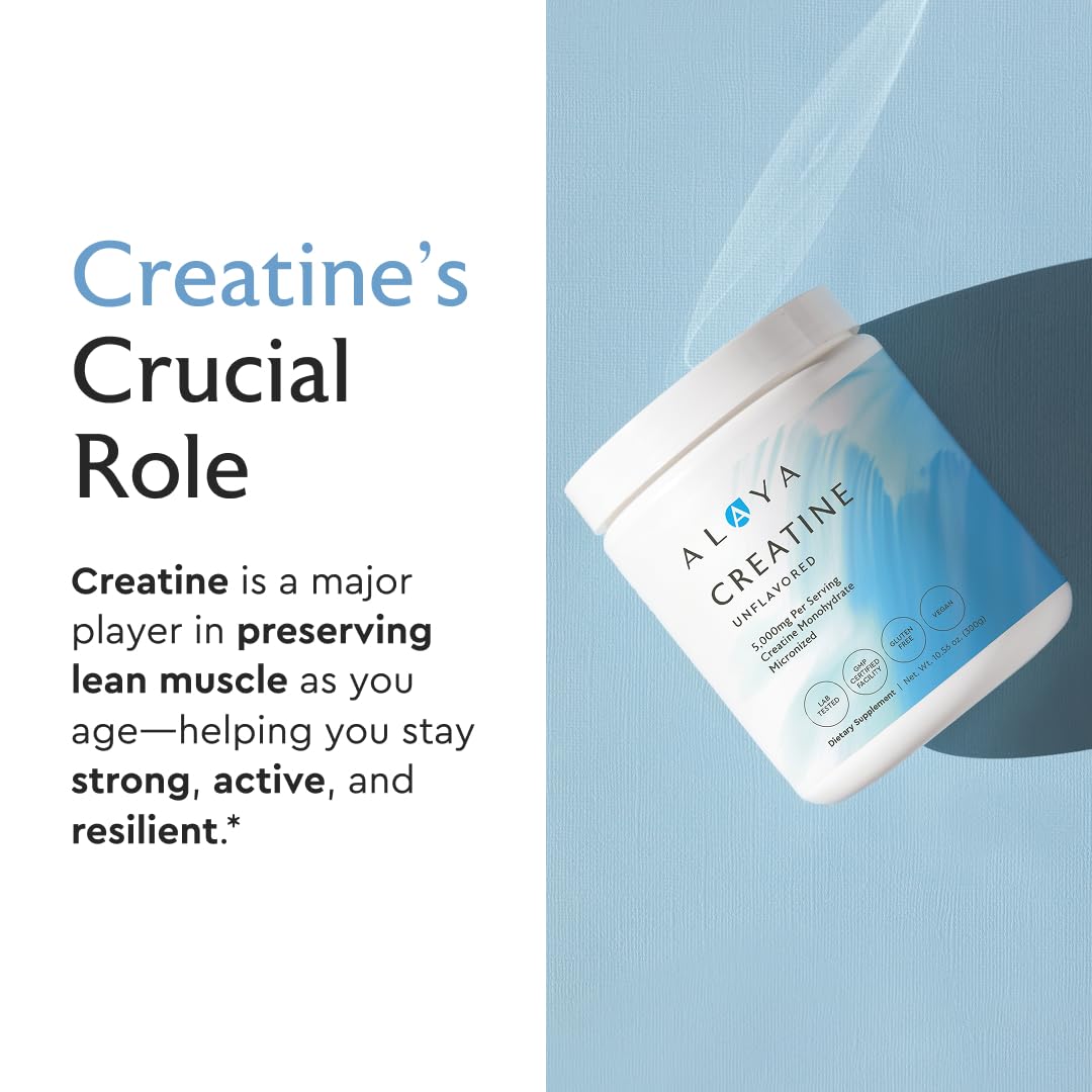 Alaya Naturals label with purity seal signaling clean creatine monohydrate