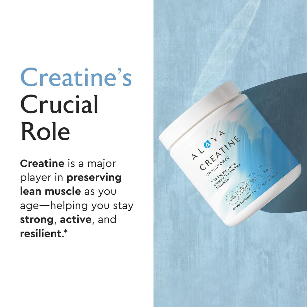 Alaya Naturals label with purity seal signaling clean creatine monohydrate