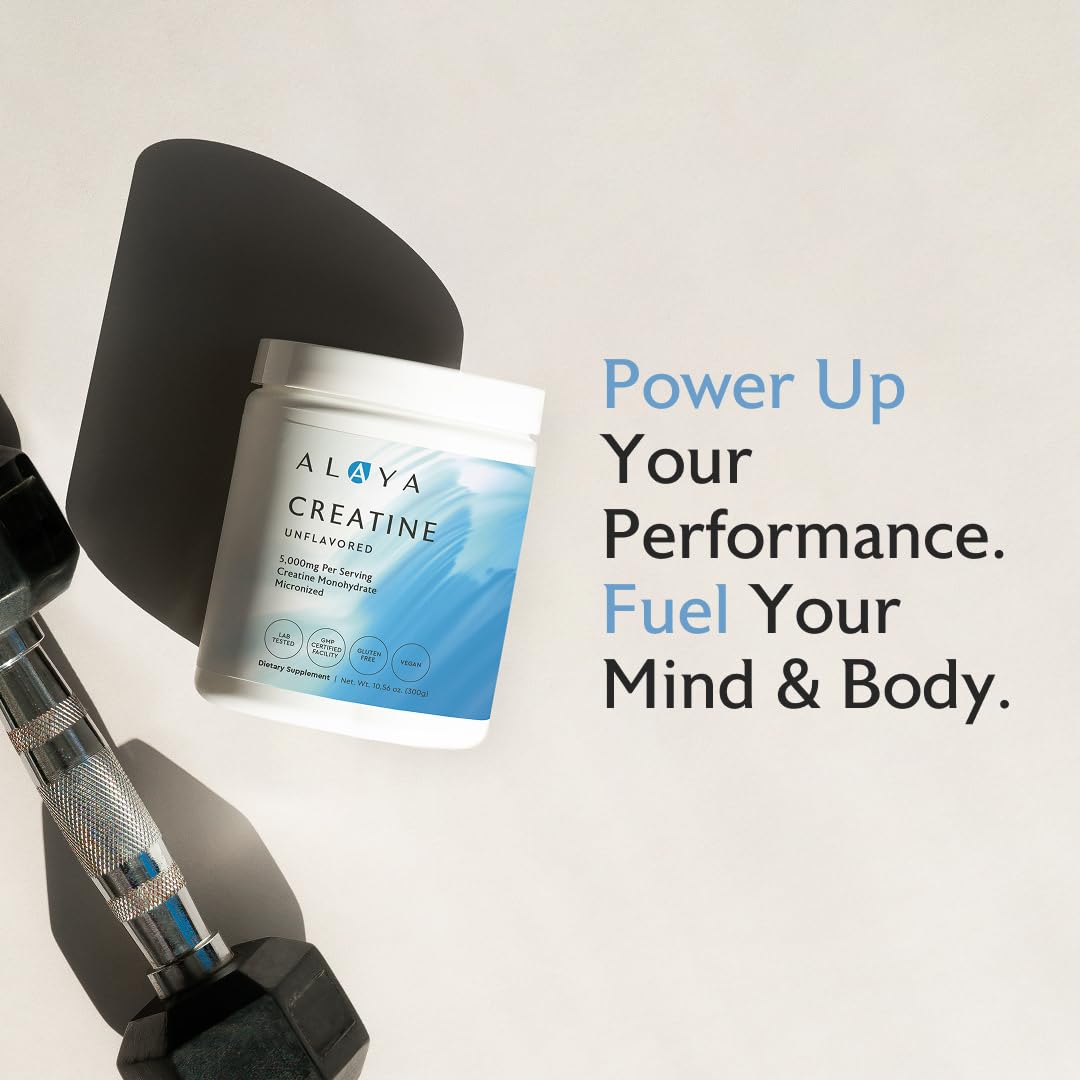 Alaya Naturals creatine micronized powder scoop for precise pre-workout dosing
