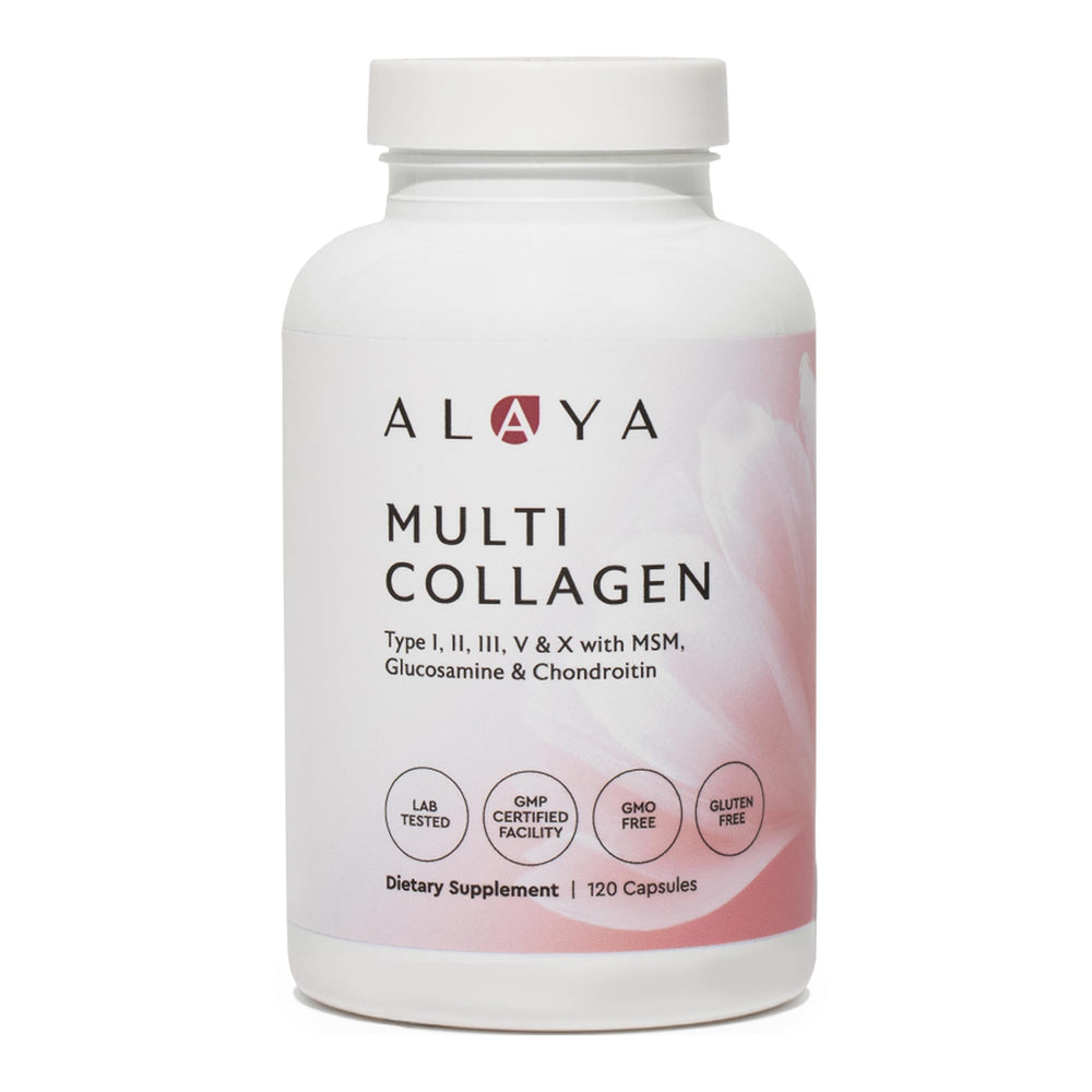Alaya Naturals hydrolyzed multi collagen bottle showing five collagen types for skin and joints.