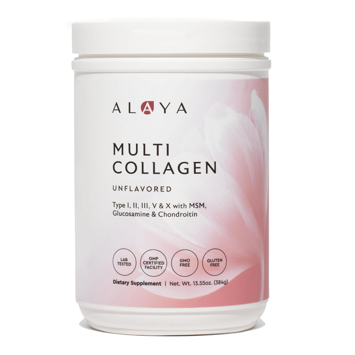 Alaya Naturals Multi Collagen Powder bottle with scoop, unflavored for easy daily mixing