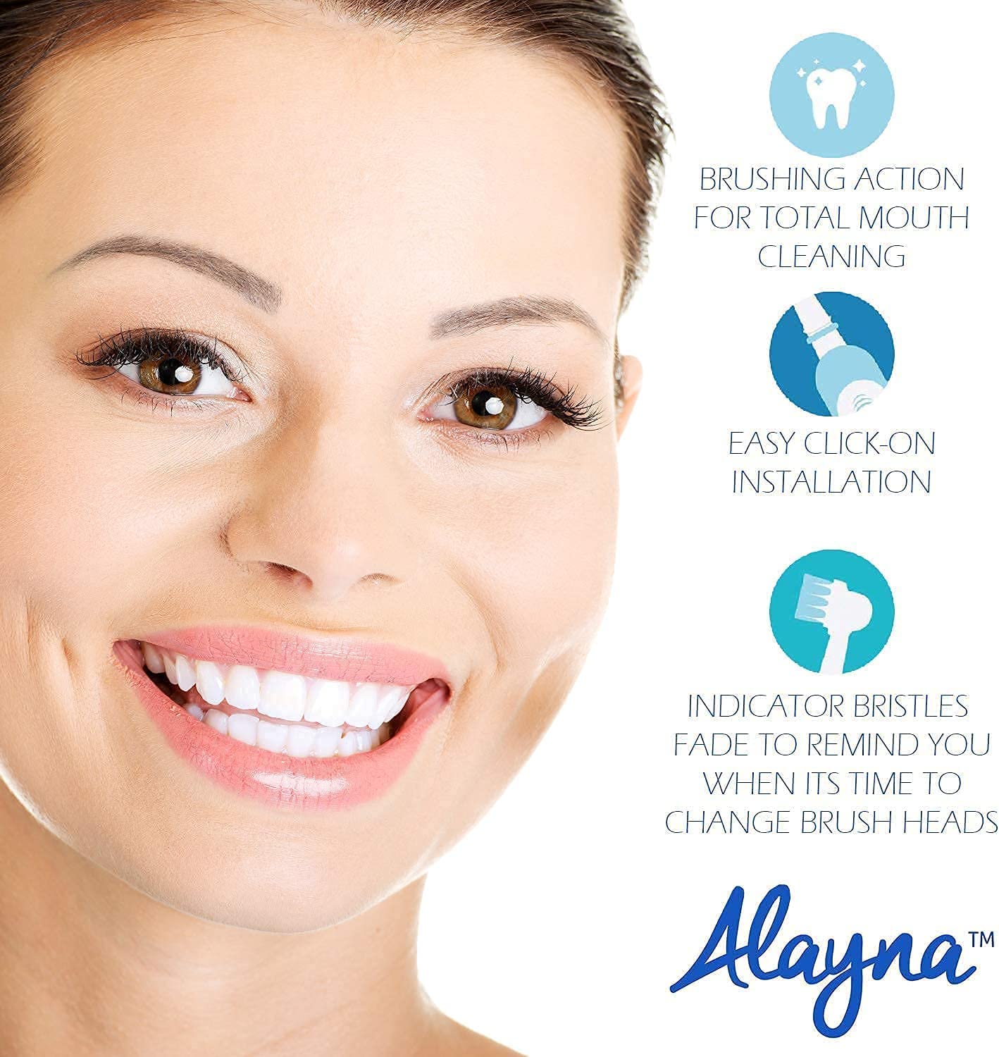 Alayna brush heads beside a power toothbrush demonstrating broad Oral-B compatibility for families