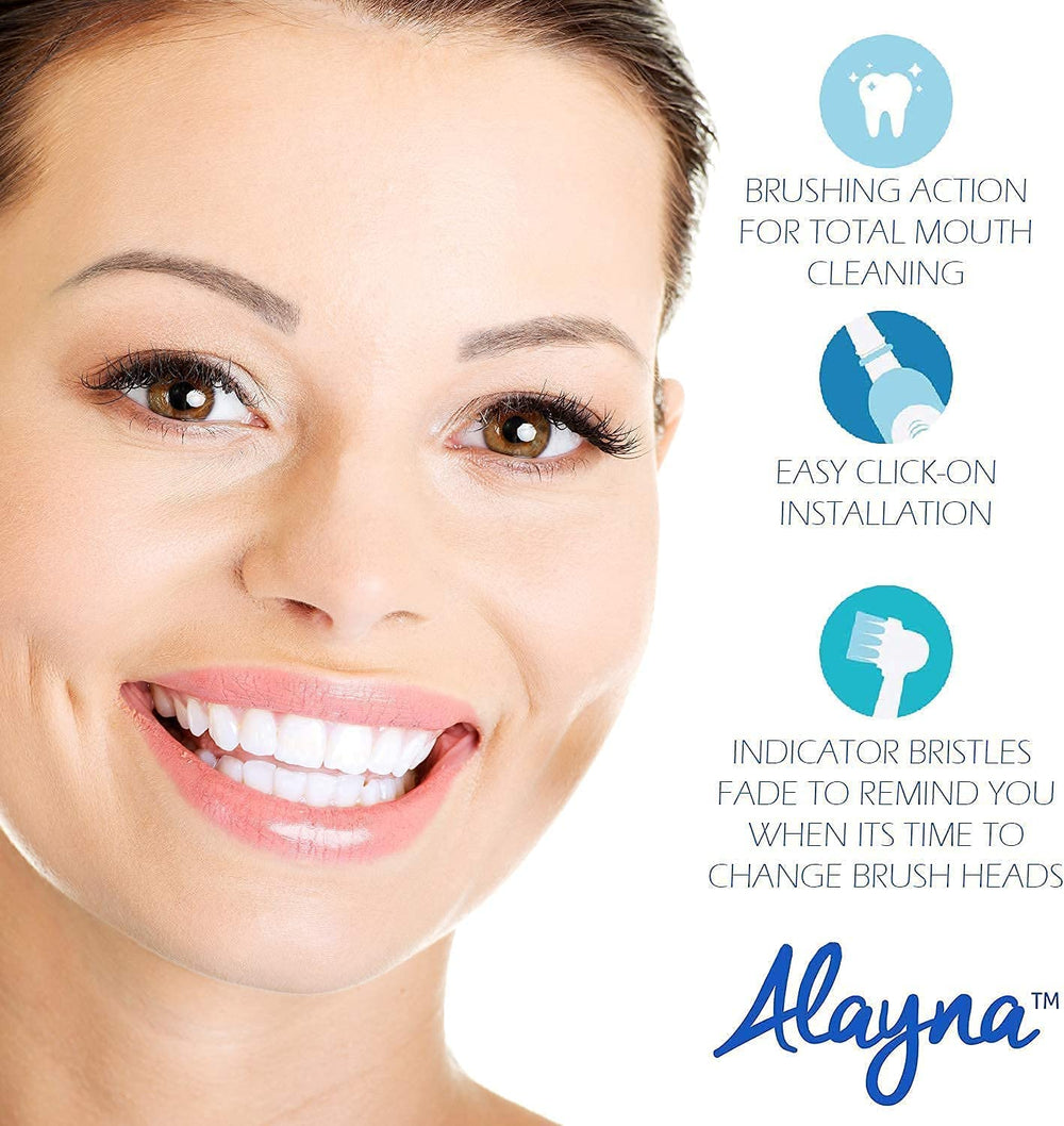 Alayna brush heads beside a power toothbrush demonstrating broad Oral-B compatibility for families