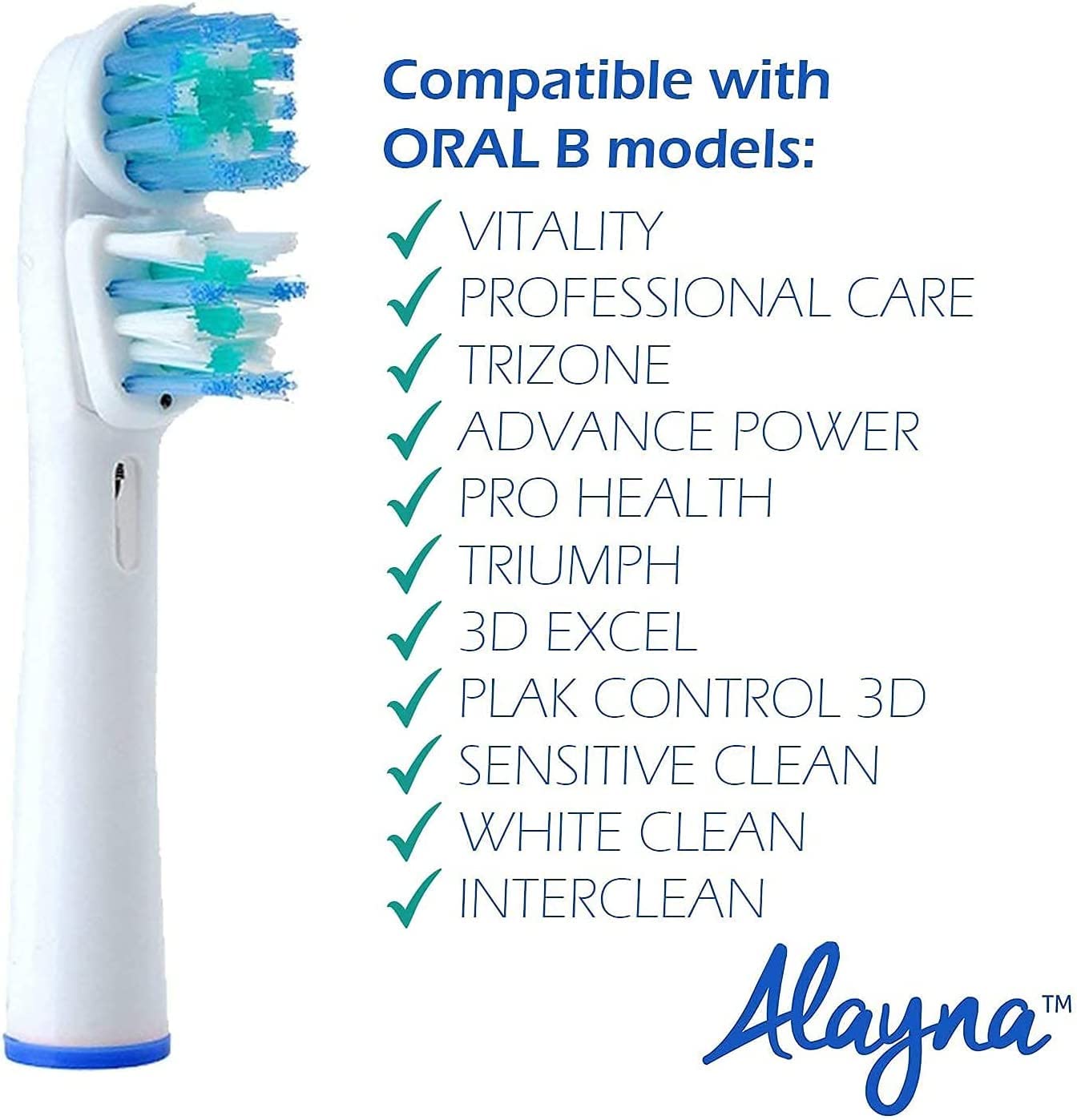 Alayna replacement heads aligned with Oral-B Pro models to show easy upgrade options