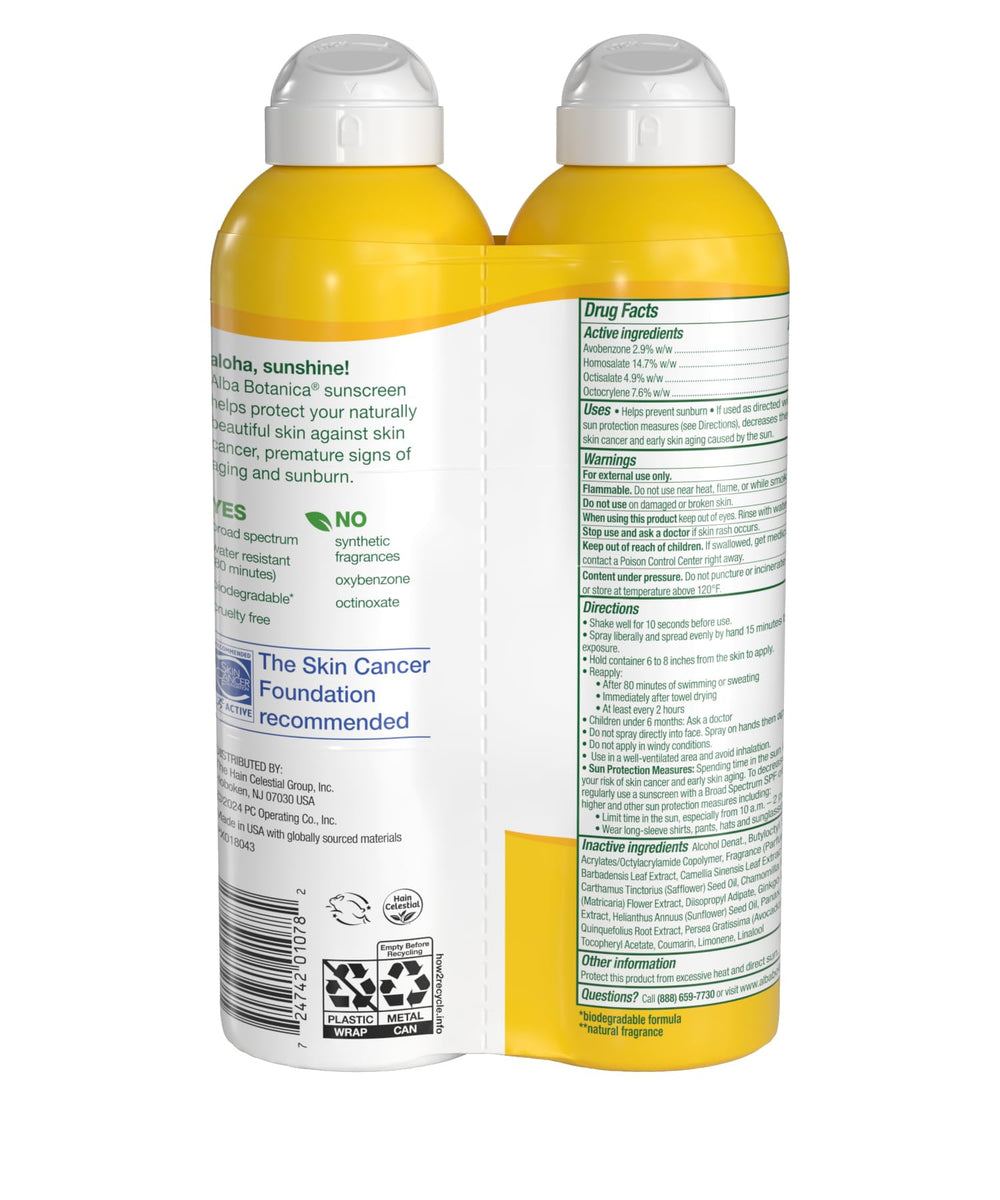 Alba Botanica sunscreen spray applied at angle delivers quick-dry, even coverage.