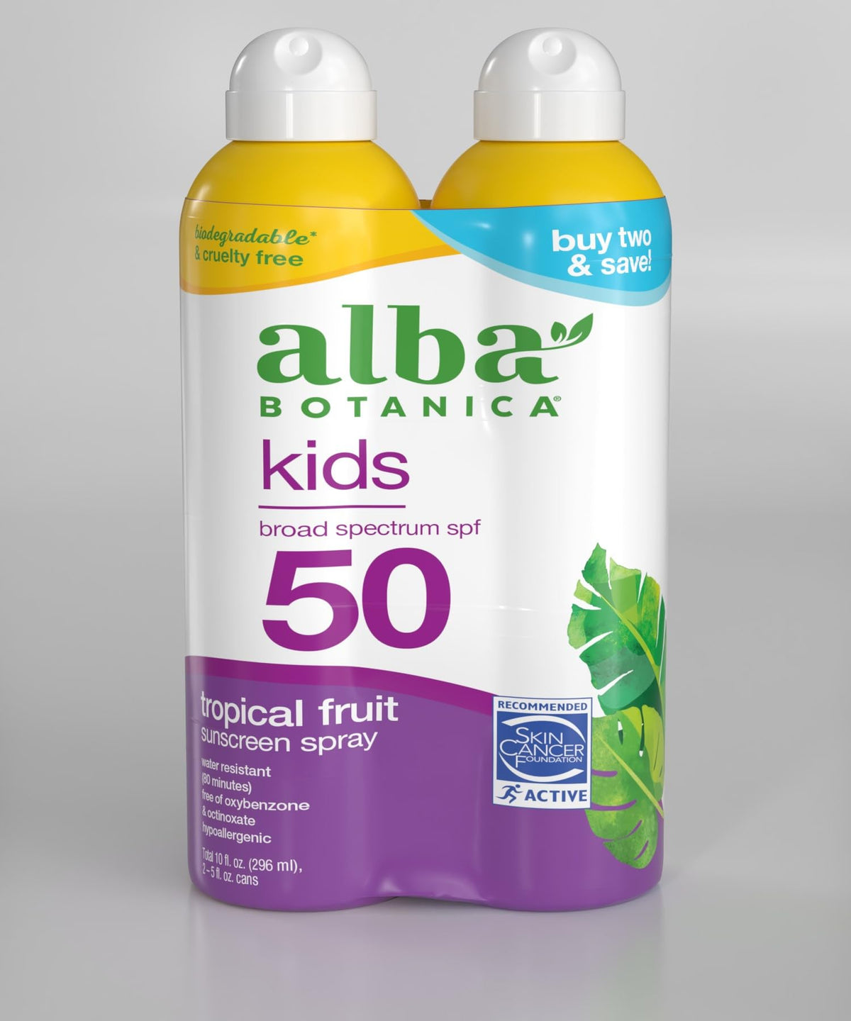Alba Botanica Kids Sunscreen Spray bottle with tropical scent offering broad-spectrum protection.