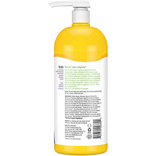 Alba Botanica Lotion Emollient Unscented back label highlights hypoallergenic formula.