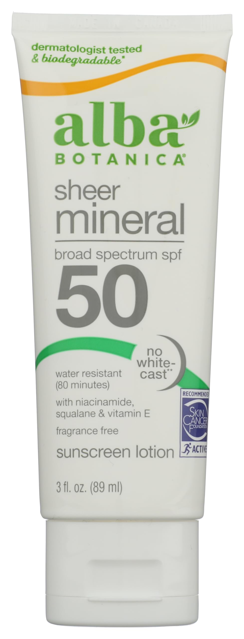 Alba Botanica Mineral Sunscreen Lotion SPF 50 bottle closeup shows fragrance-free protection