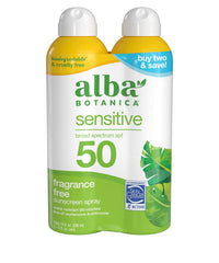 Alba Botanica Sensitive SPF50 spray bottle for fragrance-free skin.