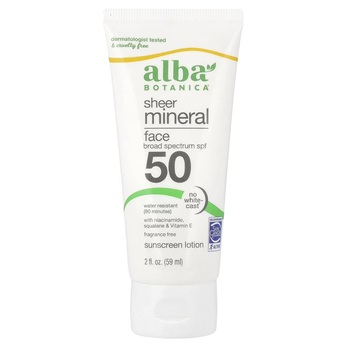 Alba Botanica Sheer Mineral Face Sunscreen Lotion bottle offers SPF 50 protection for daily use.