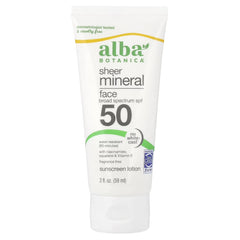 Alba Botanica Sheer Mineral Face Sunscreen Lotion bottle offers SPF 50 protection for daily use.