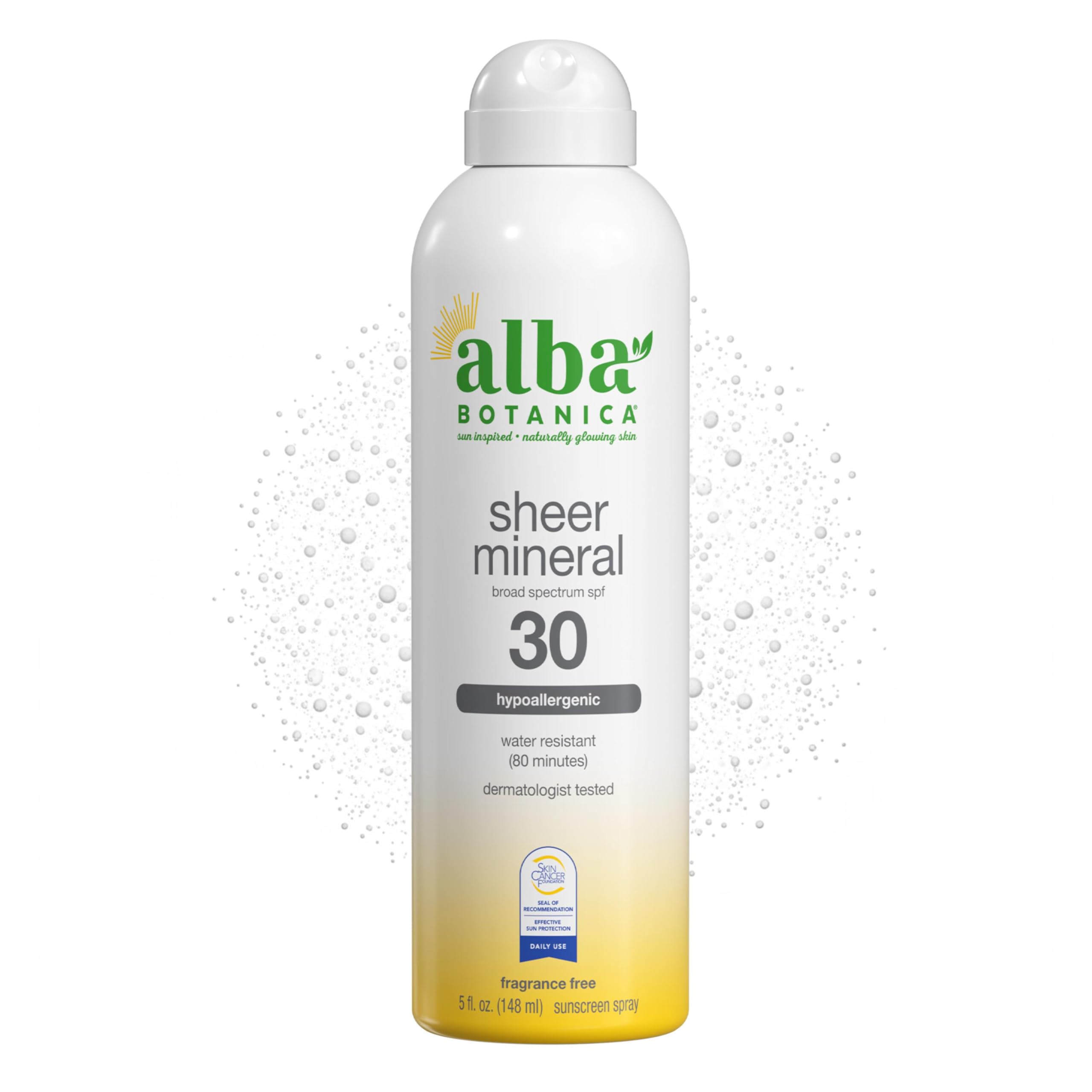 Alba Botanica Sheer Mineral Sunscreen Spray SPF 30 bottle offering broad spectrum protection.