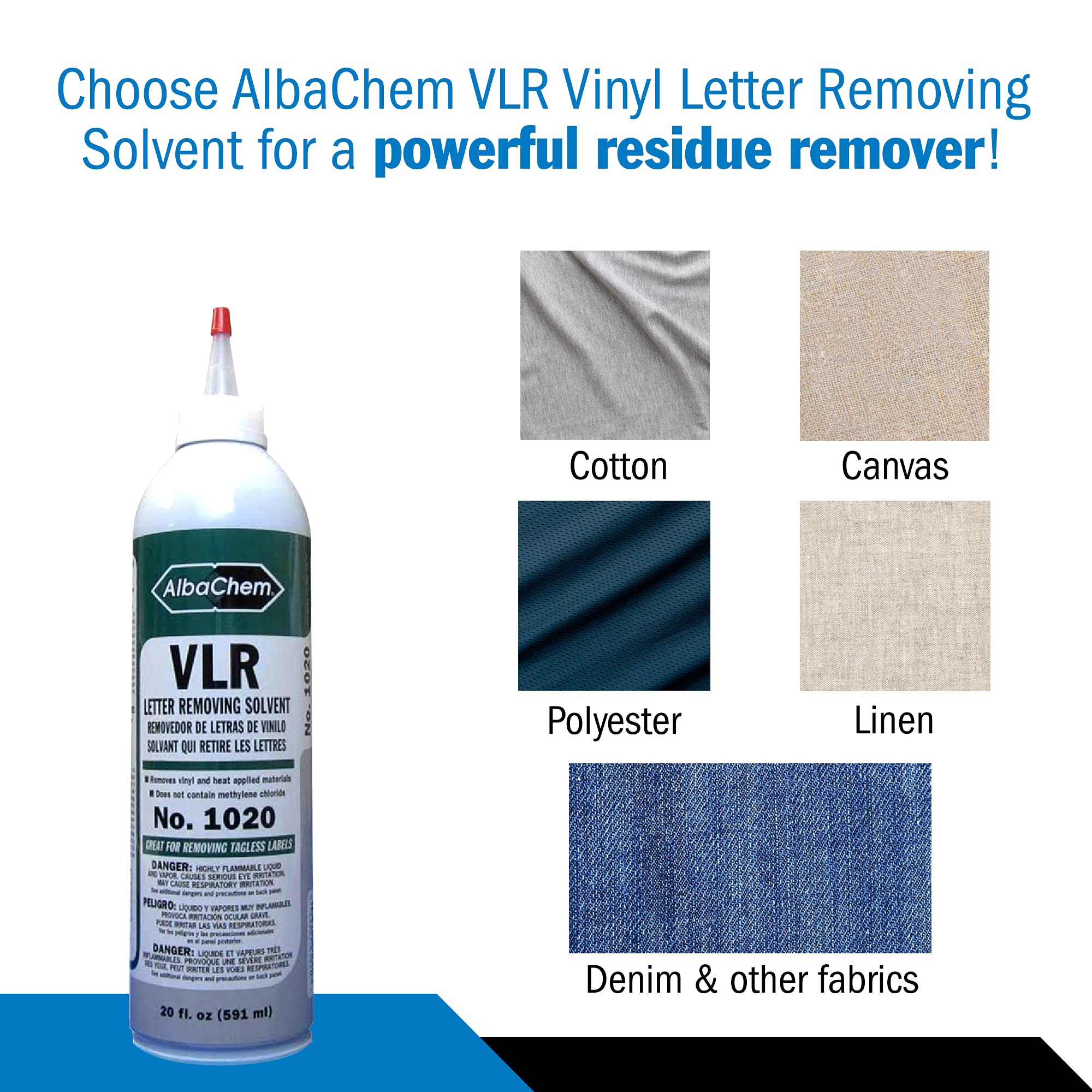 AlbaChem VLR removes heat transfer vinyl cleanly from fabrics.