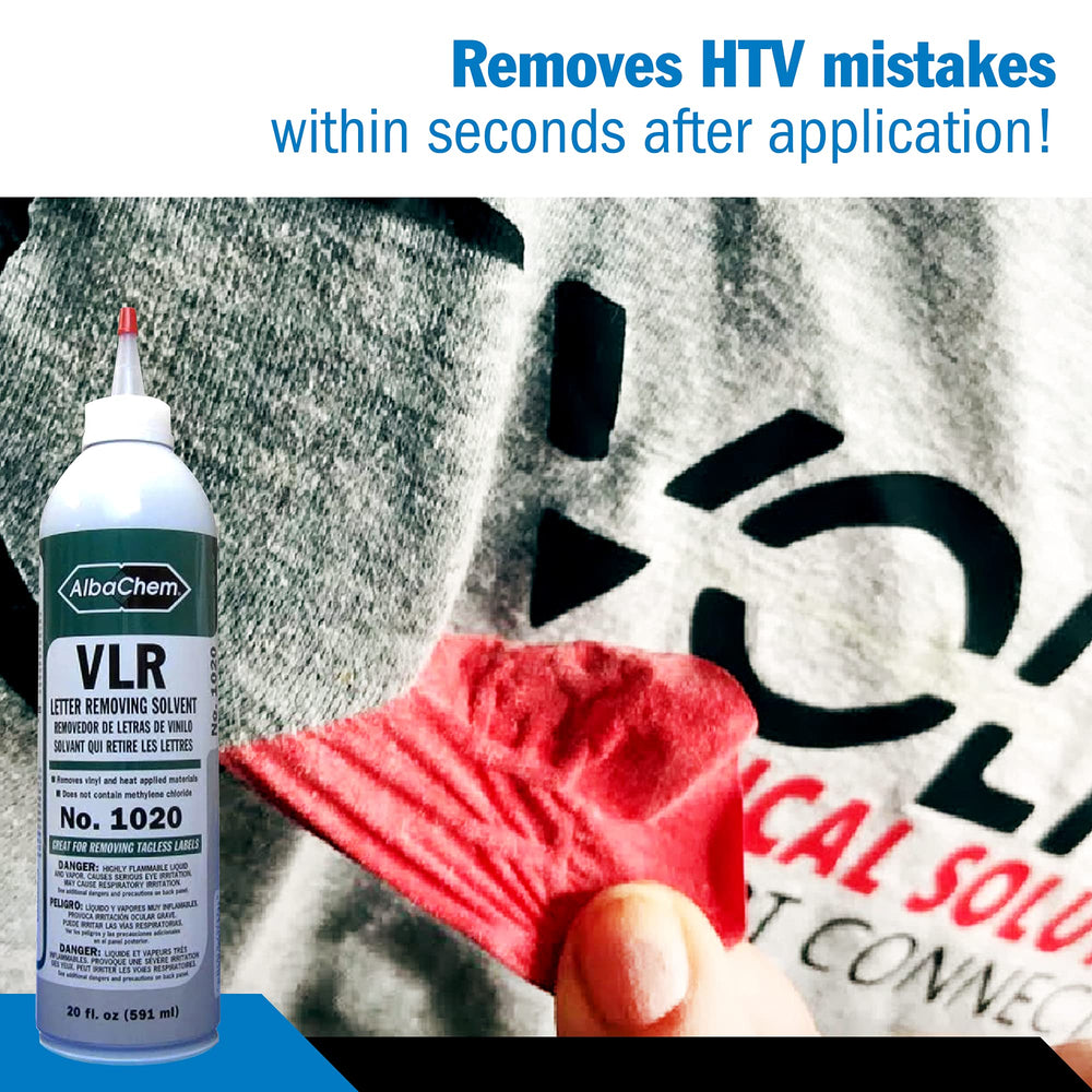 AlbaChem VLR residue removal on fabric illustrates effective vinyl lift.