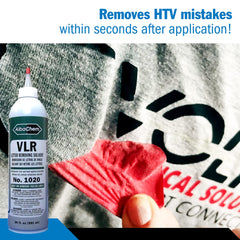 AlbaChem VLR residue removal on fabric illustrates effective vinyl lift.