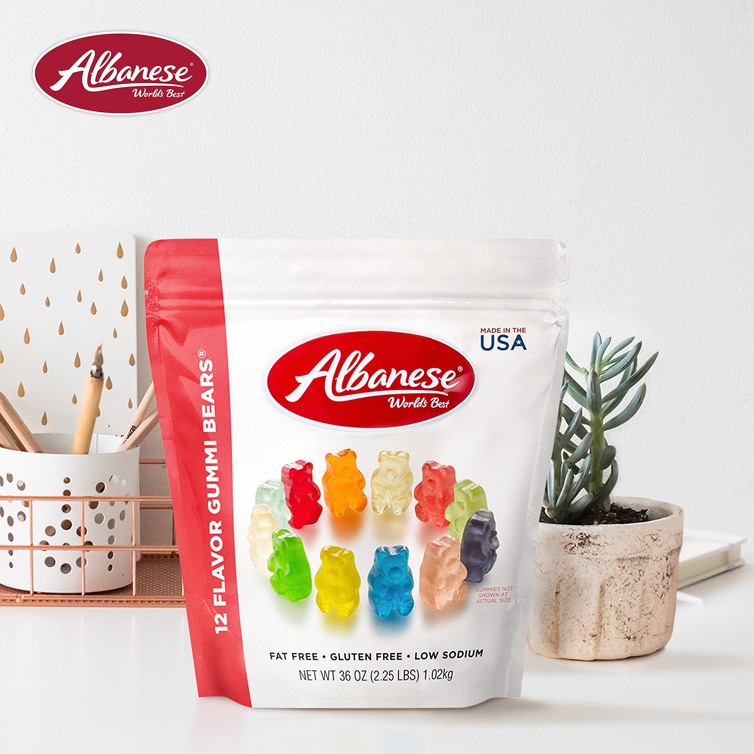 Albanese fat-free gummi candies offer lighter indulgence at gatherings.