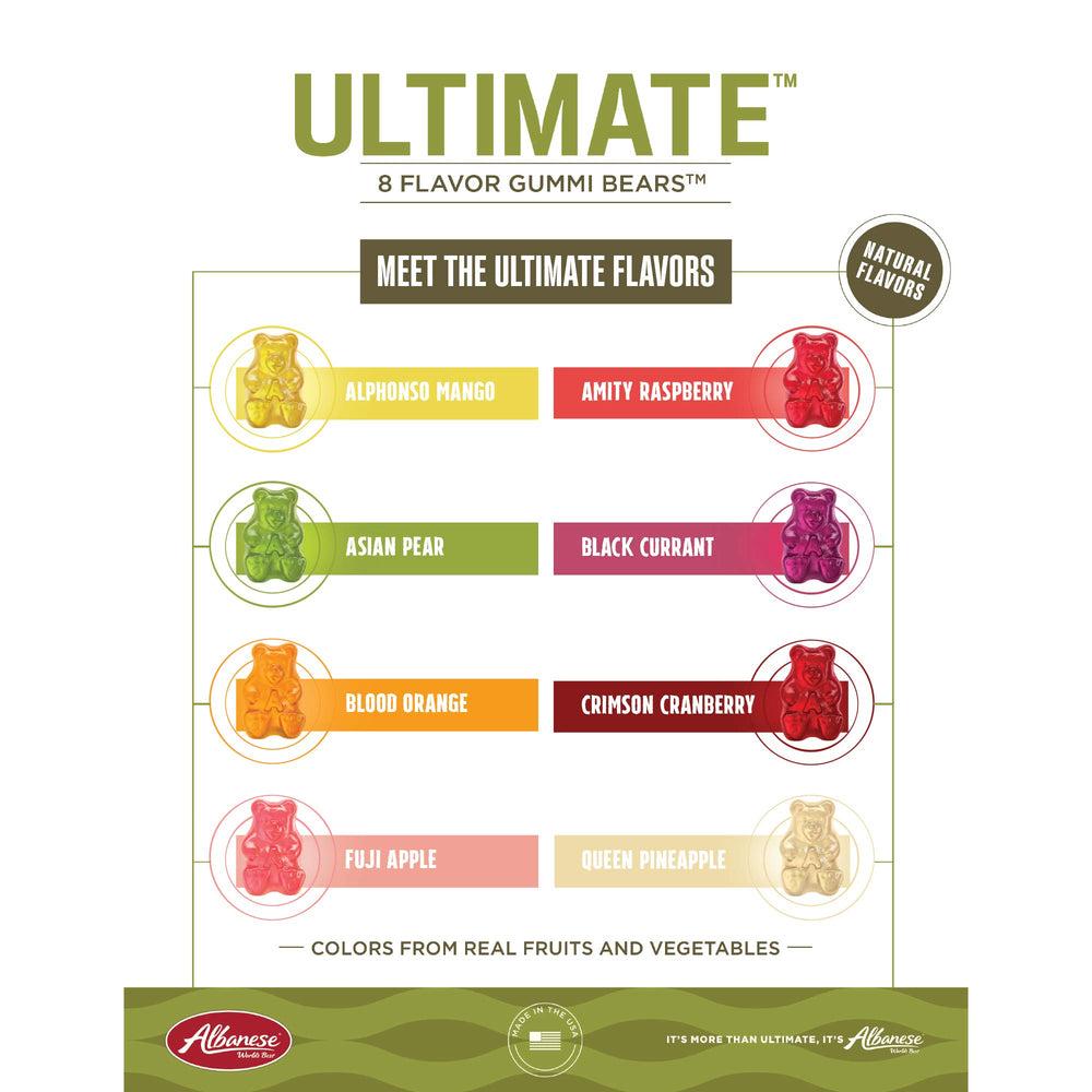Albanese Exotic Fruits Gummies on a store shelf in USA-made packaging.