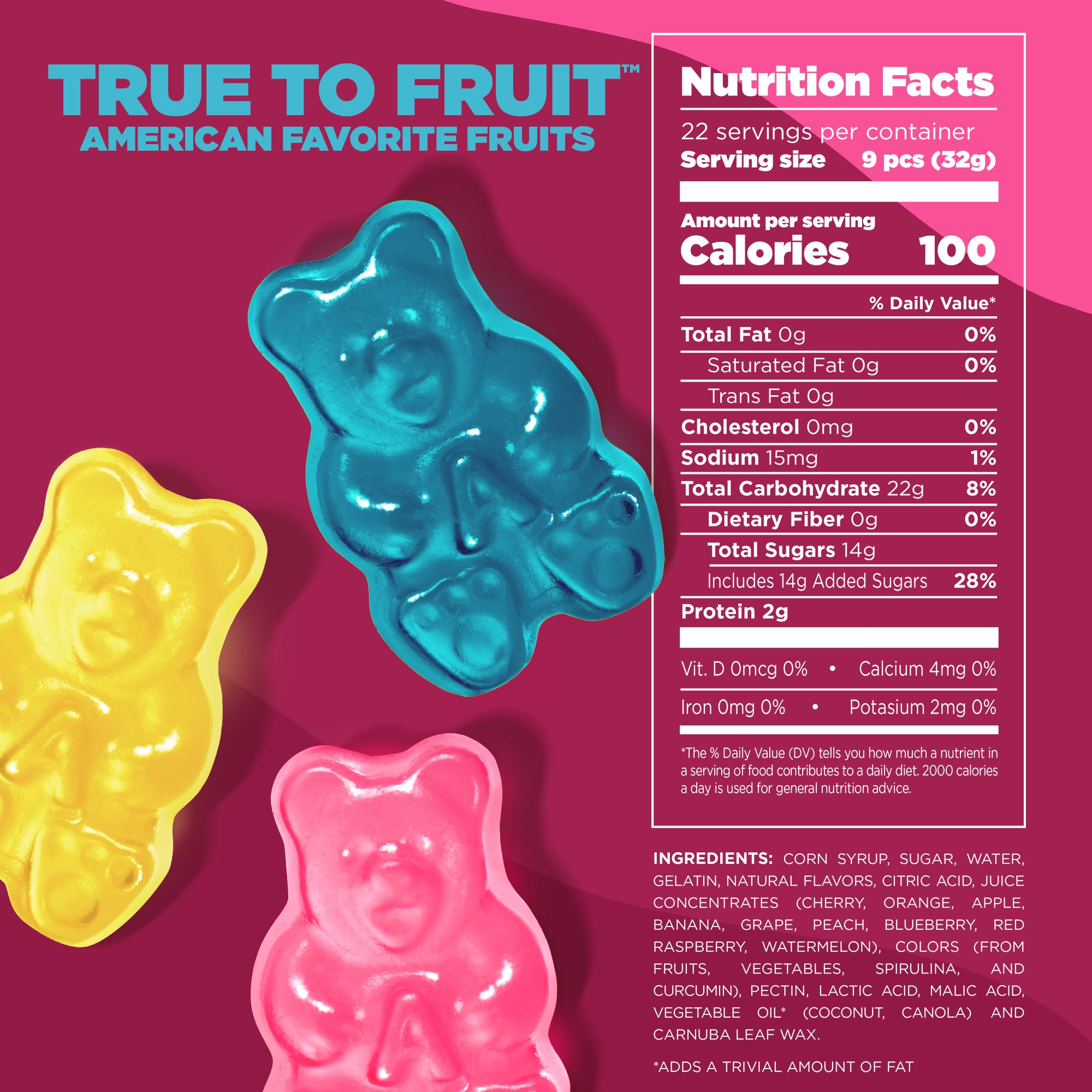 Albanese fruit flavor variety gummies with real fruit hue variety.