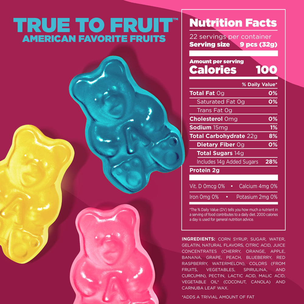 Albanese fruit flavor variety gummies with real fruit hue variety.