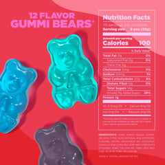Close-up of Albanese gummy bears showing 12 varied flavors and soft chew